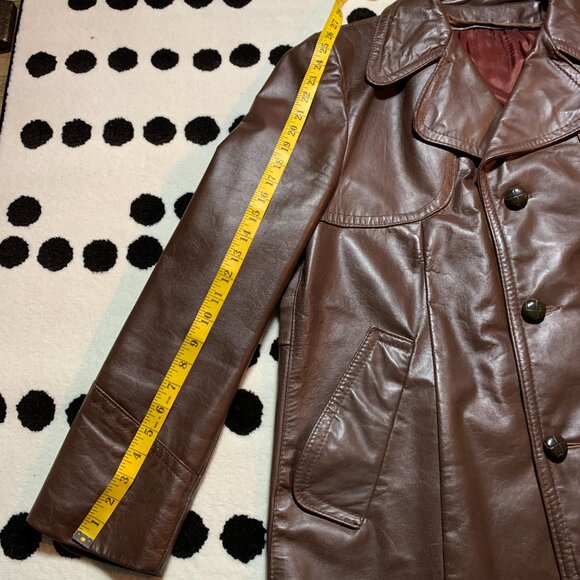 Vintage 70s Chocolate Brown Disco Leather Jacket Retro Mod Trench Coat - Picture 13 of 13